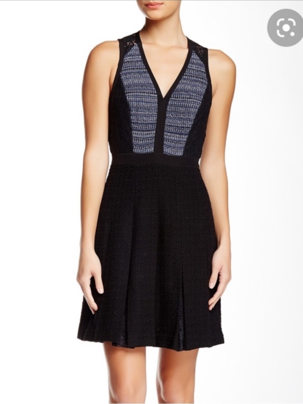 Rebecca Taylor Lace Tweed Black V-Neck Pleated Sleeveless Dress sz 2